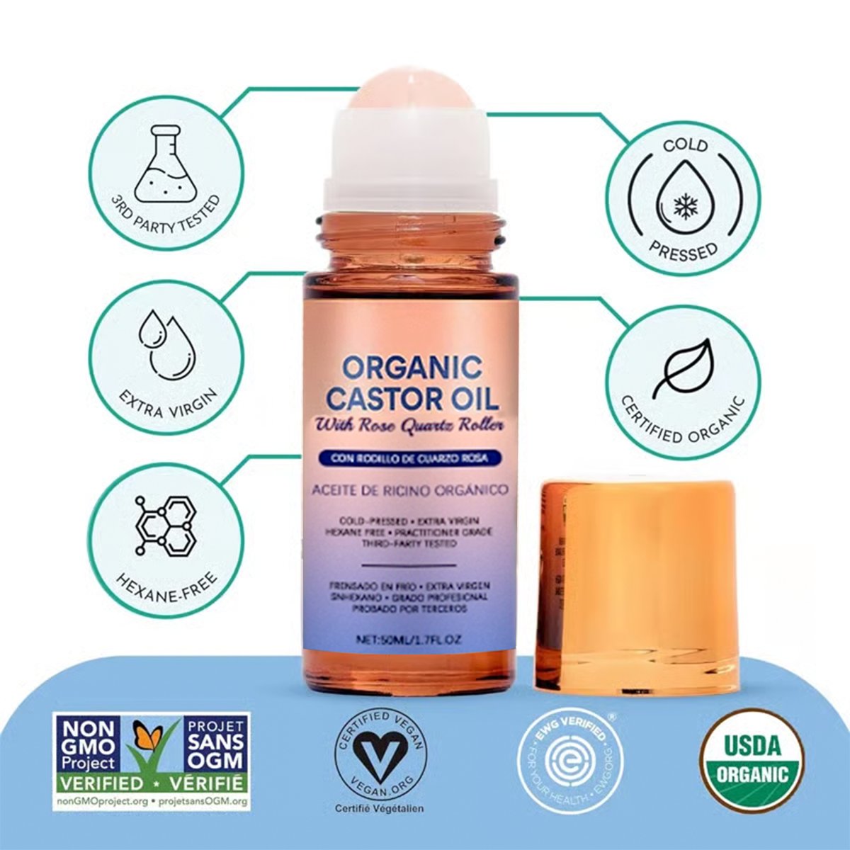 đ#1 Best Seller â°Organic Golden Castor Oil Roll-On with Rose Quartz
