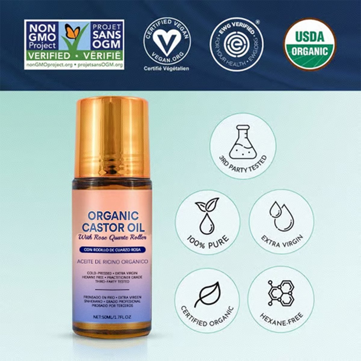 đ#1 Best Seller â°Organic Golden Castor Oil Roll-On with Rose Quartz